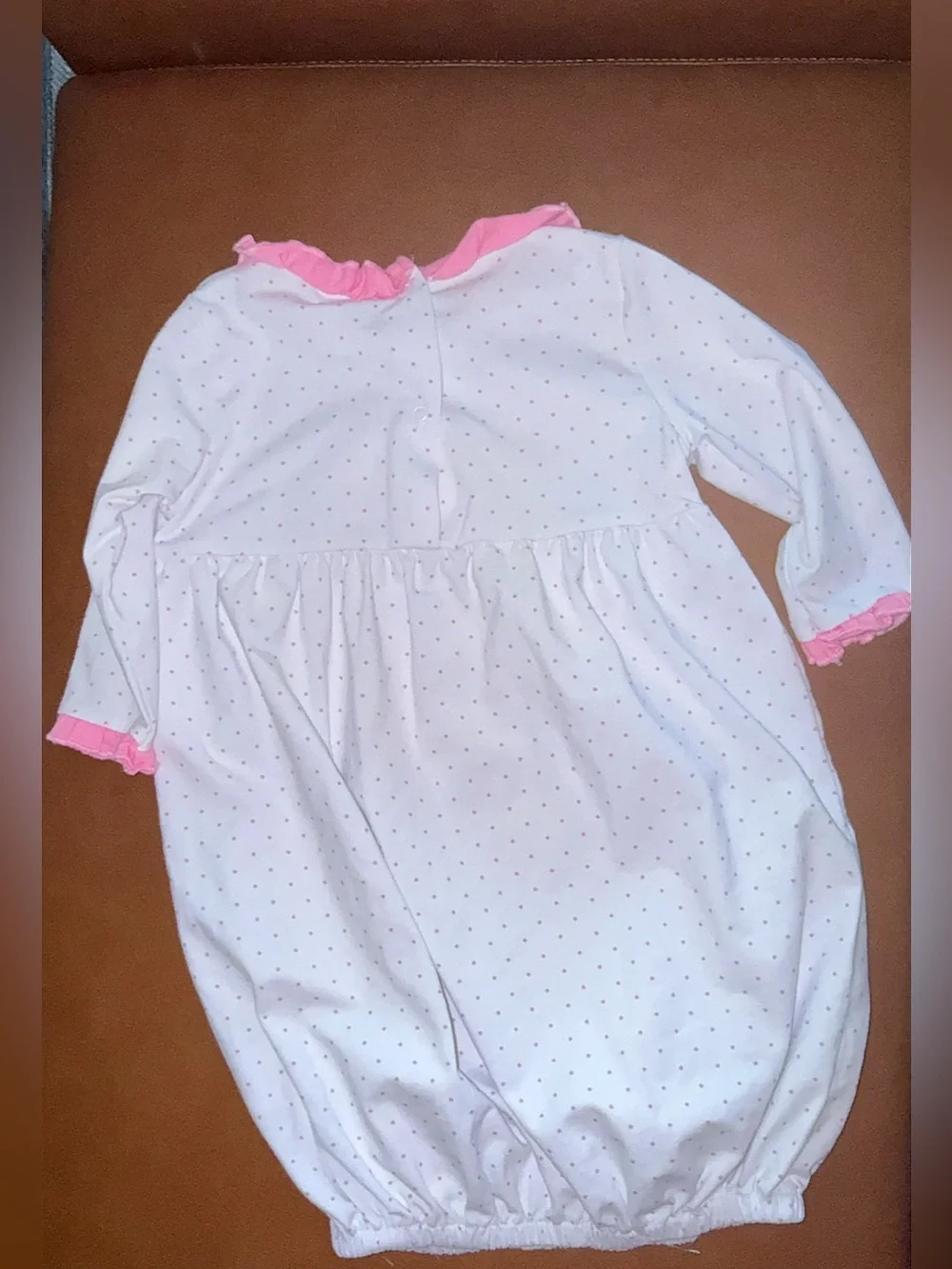 Pristine Stitchy Fish 3-6 months ruffle “Kate” Embroidered Pink Dot Gown